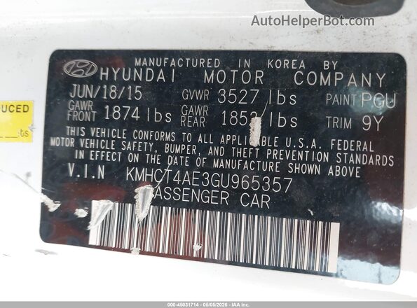 KMHCT4AE3GU965357 2016 HYUNDAI ACCENT White ძრავის განყოფილების ხედი