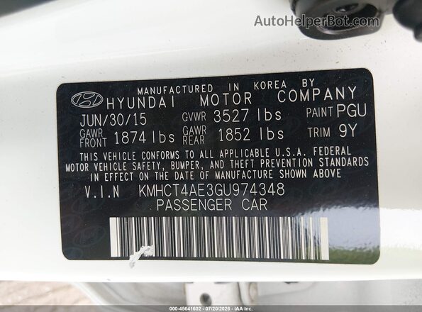 KMHCT4AE3GU974348 2016 HYUNDAI ACCENT White ძრავის განყოფილების ხედი