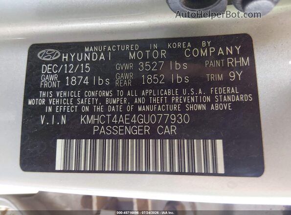 KMHCT4AE4GU077930 2016 HYUNDAI ACCENT Silver Widok komory silnika