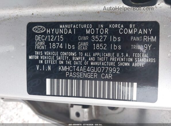 KMHCT4AE4GU077992 2016 HYUNDAI ACCENT Silver Widok komory silnika