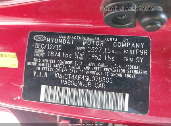 KMHCT4AE4GU078303 2016 HYUNDAI ACCENT Red Շարժիչի բաժամունքի տեսք