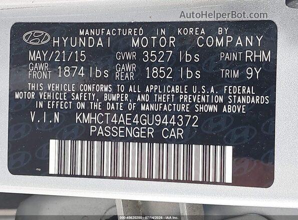 KMHCT4AE4GU944372 2016 HYUNDAI ACCENT Silver Widok komory silnika
