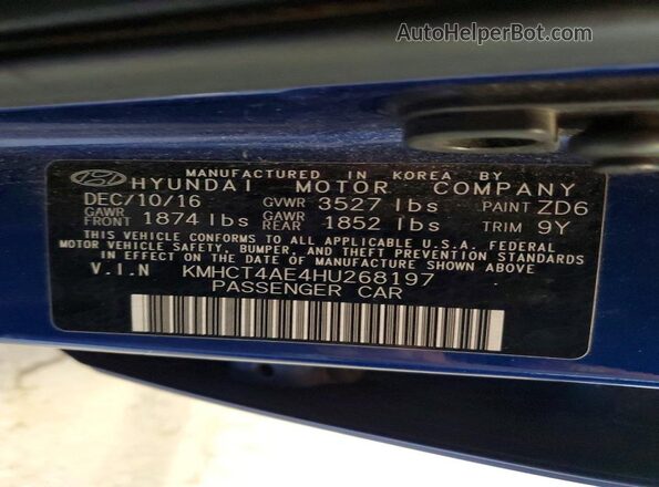 KMHCT4AE4HU268197 2017 HYUNDAI ACCENT Blue ძრავის განყოფილების ხედი