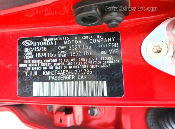 KMHCT4AE5HU271786 2017 HYUNDAI ACCENT Red Widok komory silnika