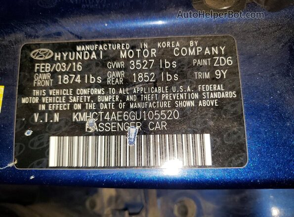 KMHCT4AE6GU105520 2016 HYUNDAI ACCENT Blue Vista del compartimento del motor