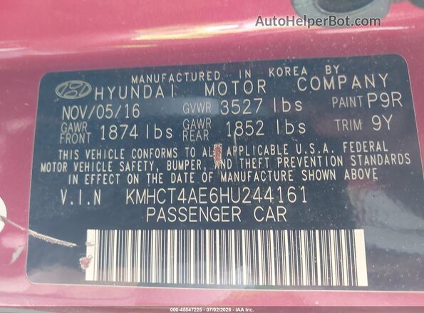 KMHCT4AE6HU244161 2017 HYUNDAI ACCENT Красный Вид подкапотного пространства