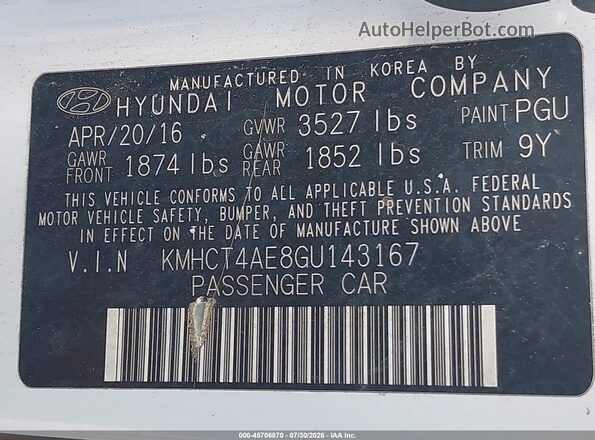 KMHCT4AE8GU143167 2016 HYUNDAI ACCENT White Widok komory silnika