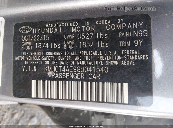 KMHCT4AE9GU041540 2016 HYUNDAI ACCENT Gray Widok komory silnika