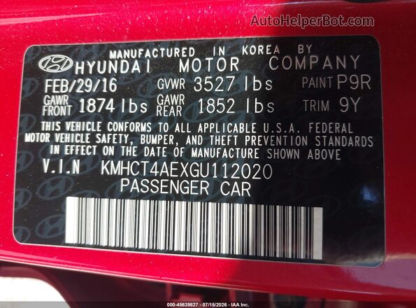 KMHCT4AEXGU112020 2016 HYUNDAI ACCENT Red Вид підкапотного простору