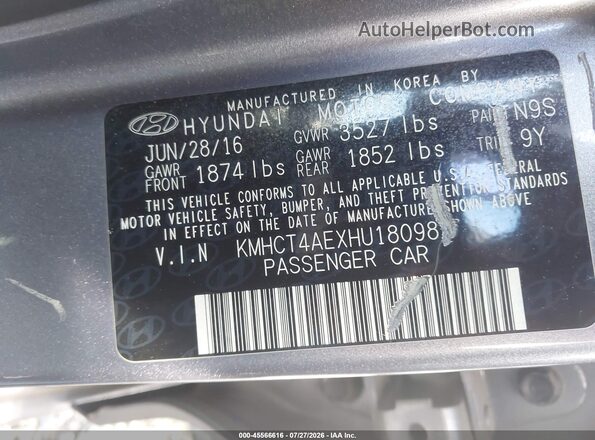 KMHCT4AEXHU180982 2017 HYUNDAI ACCENT Gray Շարժիչի բաժամունքի տեսք