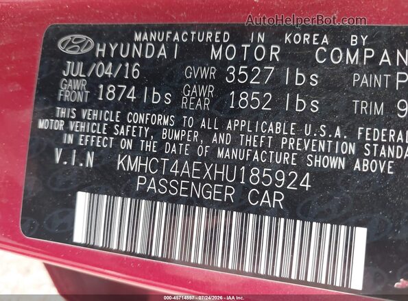 KMHCT4AEXHU185924 2017 HYUNDAI ACCENT Red Vista del compartimento del motor