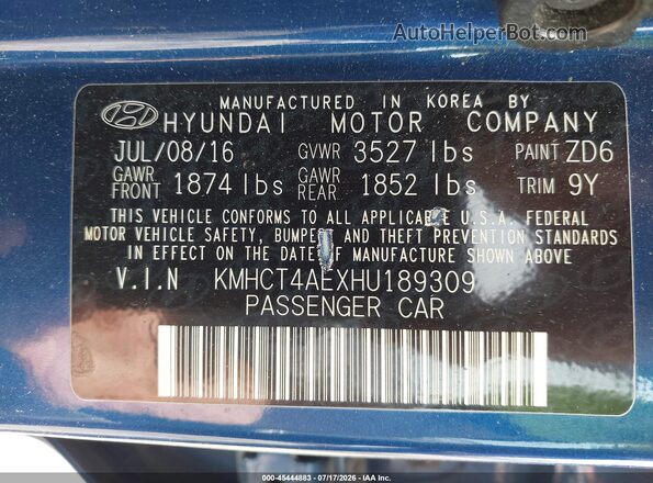 KMHCT4AEXHU189309 2017 HYUNDAI ACCENT Blue Vista del compartimento del motor