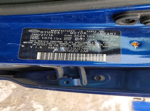 KMHCT5AE1GU278917 2016 HYUNDAI ACCENT Blue Vista de la etiqueta del VIN