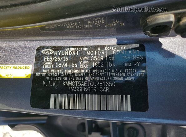 KMHCT5AE1GU281350 2016 HYUNDAI ACCENT Gray ძრავის განყოფილების ხედი
