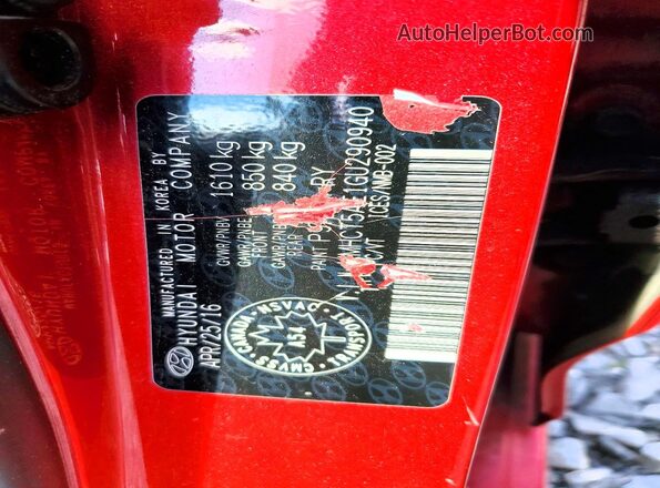 KMHCT5AE1GU290940 2016 HYUNDAI ACCENT Red VIN sticker view