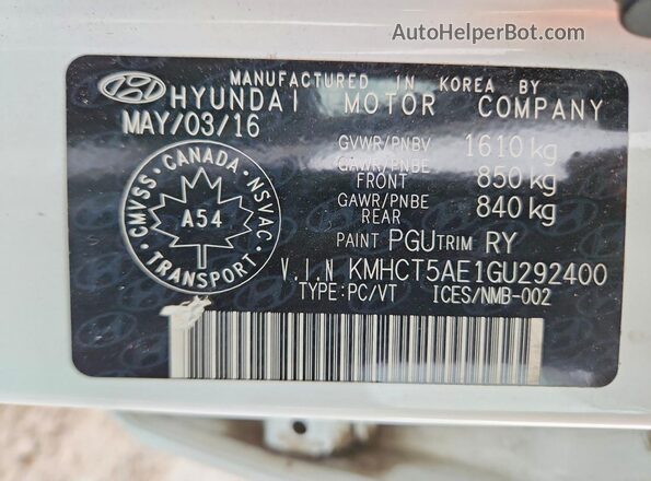 KMHCT5AE1GU292400 2016 HYUNDAI ACCENT White Вид підкапотного простору