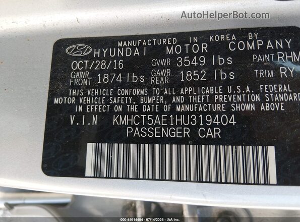 KMHCT5AE1HU319404 2017 HYUNDAI ACCENT Silver Вид підкапотного простору