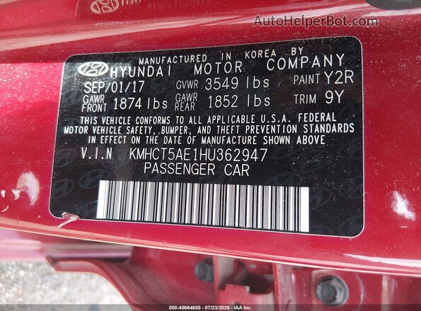 KMHCT5AE1HU362947 2017 HYUNDAI ACCENT Red ძრავის განყოფილების ხედი