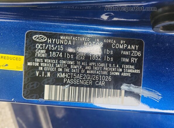 KMHCT5AE2GU261026 2016 HYUNDAI ACCENT Blue Vista de la etiqueta del VIN