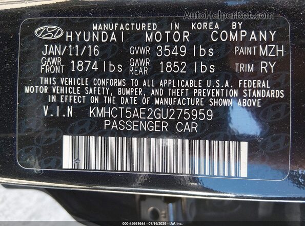 KMHCT5AE2GU275959 2016 HYUNDAI ACCENT Black Vista del compartimento del motor