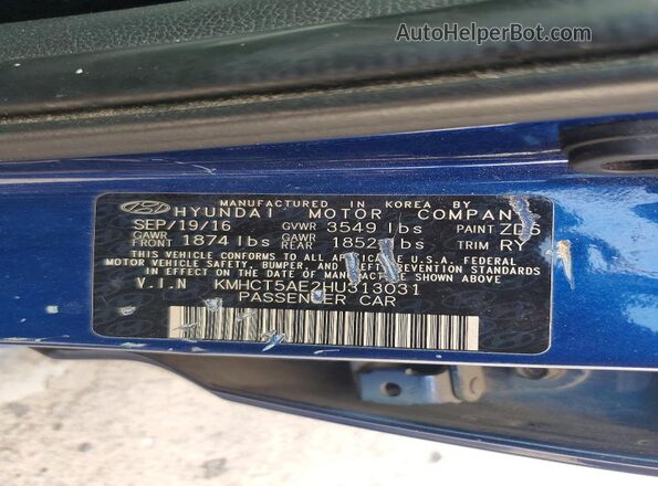 KMHCT5AE2HU313031 2017 HYUNDAI ACCENT Blue Vista de la etiqueta del VIN