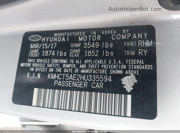 KMHCT5AE2HU335594 2017 HYUNDAI ACCENT Silver Вид підкапотного простору