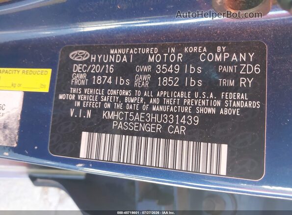 KMHCT5AE3HU331439 2017 HYUNDAI ACCENT Синий Вид подкапотного пространства