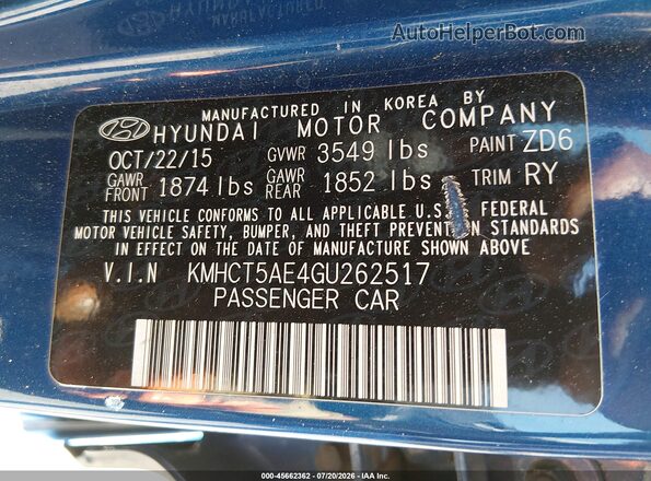 KMHCT5AE4GU262517 2016 HYUNDAI ACCENT Blue Вид підкапотного простору