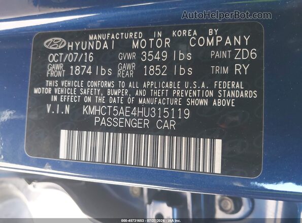 KMHCT5AE4HU315119 2017 HYUNDAI ACCENT Blue Vista del compartimento del motor