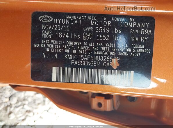 KMHCT5AE6HU326509 2017 HYUNDAI ACCENT Оранжевый Вид подкапотного пространства