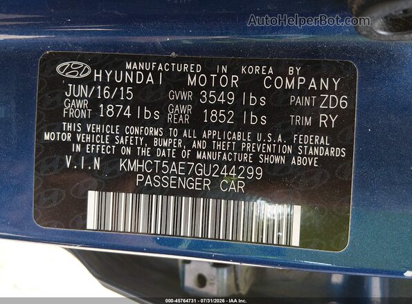 KMHCT5AE7GU244299 2016 HYUNDAI ACCENT Blue Շարժիչի բաժամունքի տեսք