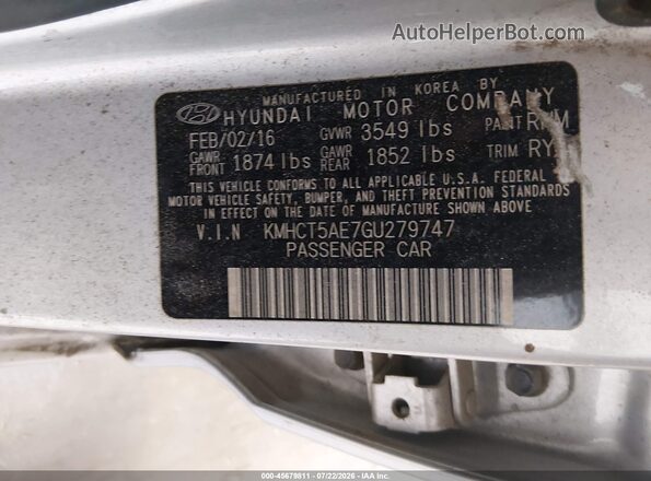 KMHCT5AE7GU279747 2016 HYUNDAI ACCENT Silver Вид підкапотного простору