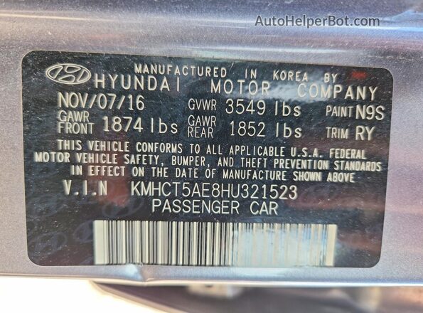 KMHCT5AE8HU321523 2017 HYUNDAI ACCENT Gray VIN კოდის სტიკერის ხედი