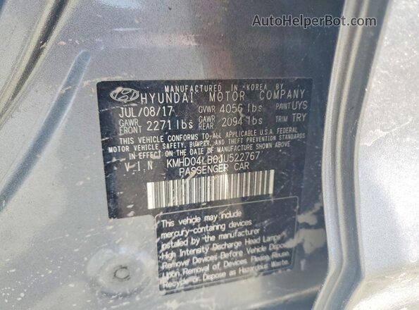 KMHD04LB0JU522767 2018 HYUNDAI ELANTRA Gray Вид наклейки з VIN-кодом