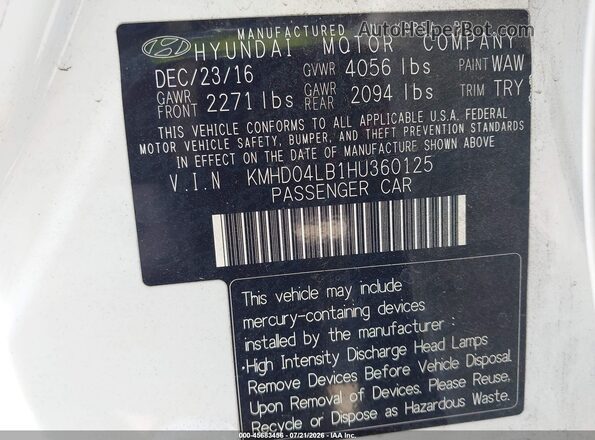KMHD04LB1HU360125 2017 HYUNDAI ELANTRA Белый Вид подкапотного пространства