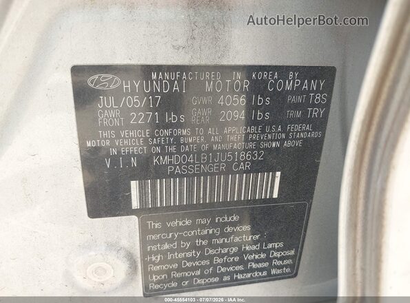 KMHD04LB1JU518632 2018 HYUNDAI ELANTRA Silver Widok komory silnika