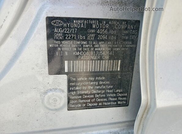 KMHD04LB1JU542641 2018 HYUNDAI ELANTRA Silver VIN sticker view