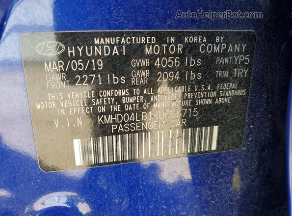 KMHD04LB1KU886715 2019 HYUNDAI ELANTRA Blue Engine compartment view