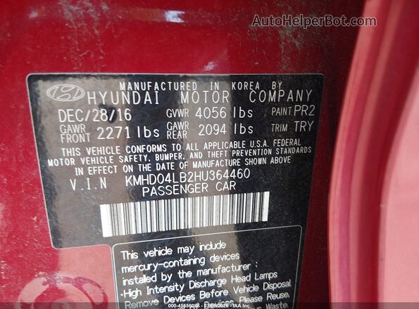 KMHD04LB2HU364460 2017 HYUNDAI ELANTRA Red Engine compartment view