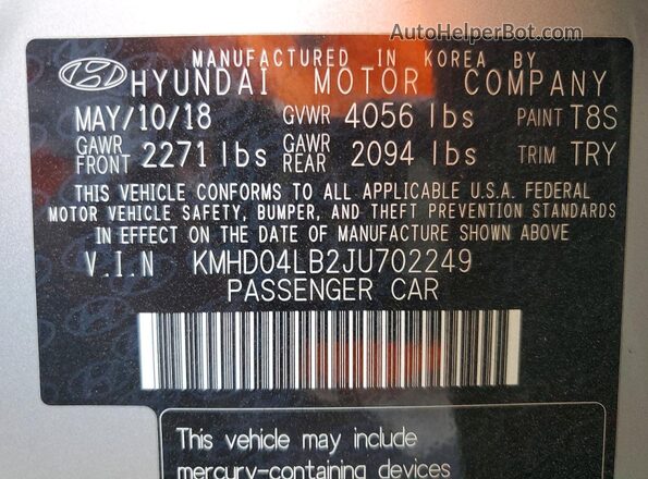 KMHD04LB2JU702249 2018 HYUNDAI ELANTRA Silver Вид підкапотного простору