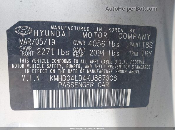 KMHD04LB4KU887308 2019 HYUNDAI ELANTRA Серебряный Вид подкапотного пространства