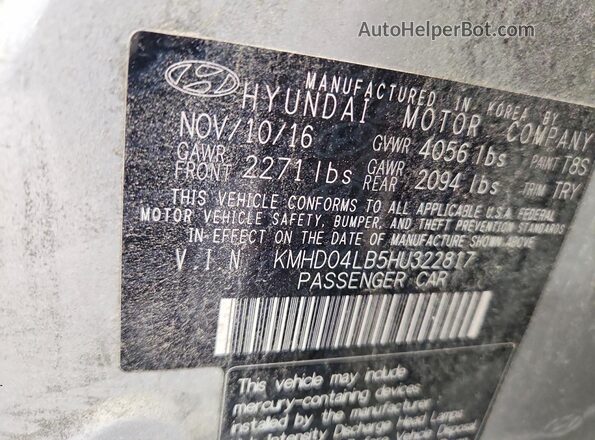 KMHD04LB5HU322817 2017 HYUNDAI ELANTRA Серебряный Вид подкапотного пространства