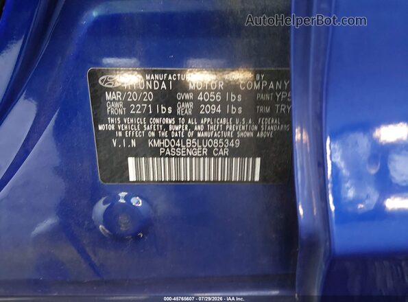 KMHD04LB5LU085349 2020 HYUNDAI ELANTRA Blue Engine compartment view