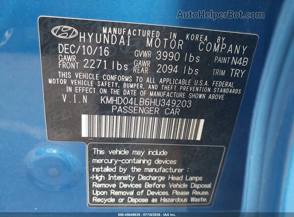 KMHD04LB6HU349203 2017 HYUNDAI ELANTRA Blue Engine compartment view
