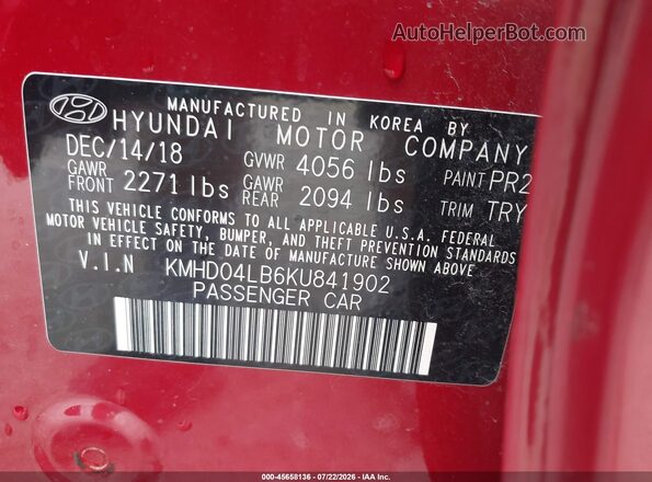 KMHD04LB6KU841902 2019 HYUNDAI ELANTRA Red Շարժիչի բաժամունքի տեսք