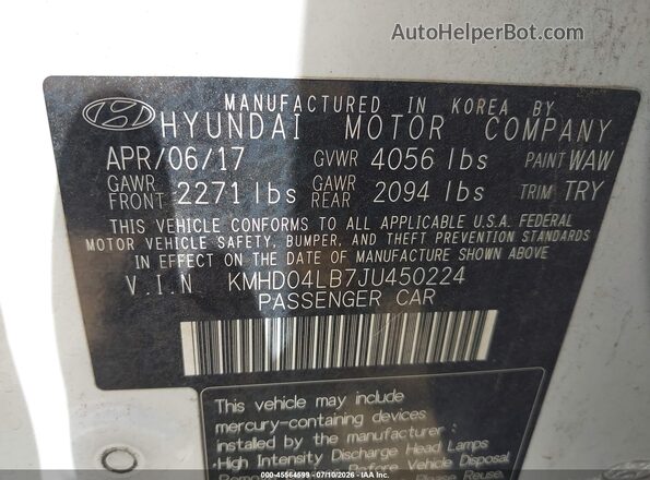KMHD04LB7JU450224 2018 HYUNDAI ELANTRA Белый Вид подкапотного пространства