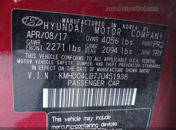 KMHD04LB7JU451938 2018 HYUNDAI ELANTRA Red Engine compartment view