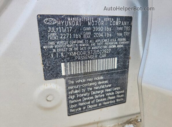 KMHD04LB7JU522927 2018 HYUNDAI ELANTRA Silver VIN sticker view