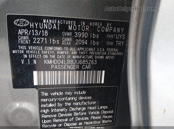 KMHD04LB8JU685263 2018 HYUNDAI ELANTRA Silver Vista del compartimento del motor
