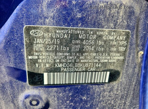 KMHD04LB8KU871144 2019 HYUNDAI ELANTRA Blue Vista del compartimento del motor